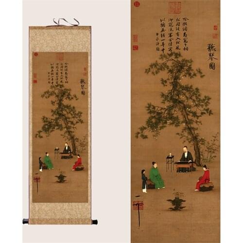 China old paper long Scroll painting Celebrity calligraphy and painting hanging painting < listening zither chart