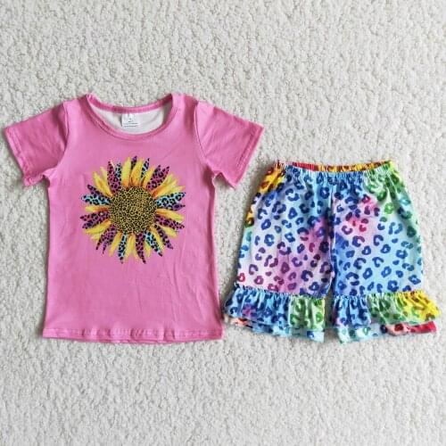 Colorful Leopard Wholesale high quality children clothing boutique little girl Sunflower Tops ruffle pants Summer outfit