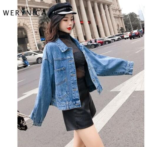 Werynica Korean loose denim jacket ladies street style batwing long sleeve pocket jacket retro autumn and winter casual jacket