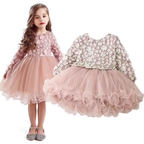 Autumn Long Sleeves Girl Dress Princess Tutu Fluffy Floral Clothes Flower Dresses for Girls Wedding Party Baby Children Clothing