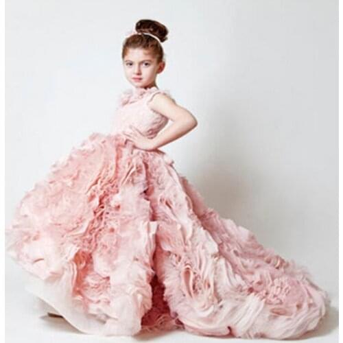 Flower Girl Dresses Girls Pageant Dresses First Communion Dresses for Girls Sleeveless Pink Ruffles RTT-0498