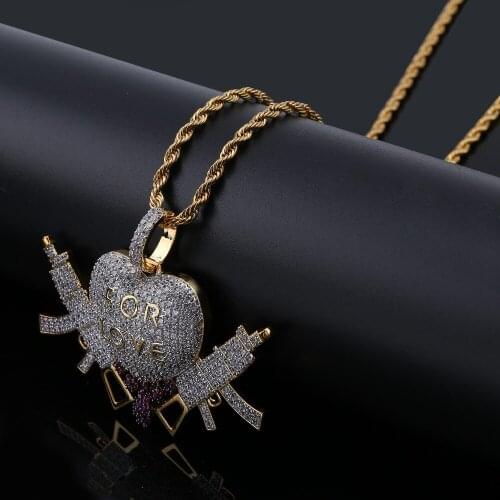 Heart Drip With Gun For Love Iced Out Pendant Necklace Men With Tennis Chain Hip Hop Gold Silver Color Charms Chain Jewelry