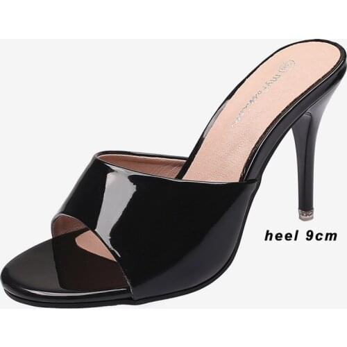 LIHUAMAO patent leather women high heel mule shoes flip flop slipper peep toe casual ladies slip on slides comfortable shoes
