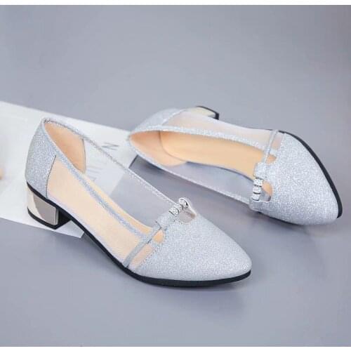 Shoes Women Women Sequins Shallow Square Buckle Slip On Low Heel Shoes Pointed Single Shoes Lady Leather Thick Single Shoe