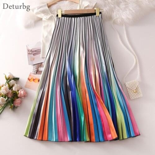Womens Gradient Rainbow Print Skirt Ladies Fashion High Waist Pleated Satin Midi Skirts Faldas Saias Faldas Spring Autumn SK492
