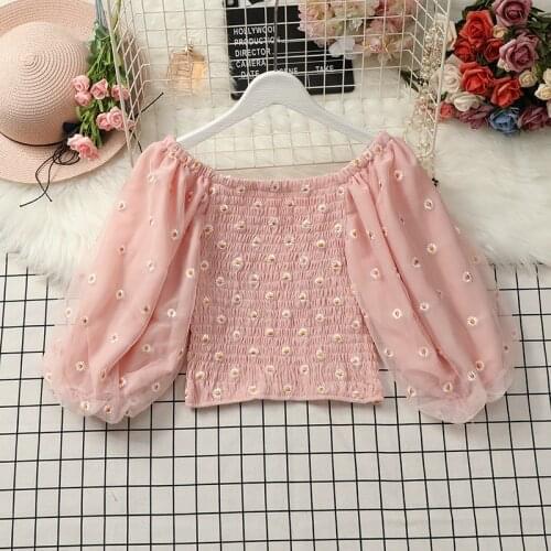 HISUMA Summer Puff Sleeve Slash Neck Women Mesh Gauze Basic Ruffles Shirt Lady Short Elastic Slim Embroidery Floral Blouse Tops