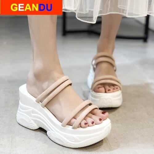 8cm Platform Sandals Women Wedge High Heels Shoes Women Buckle Leather Canvas Summer Zapatos Mujer Wedges Woman Sandal