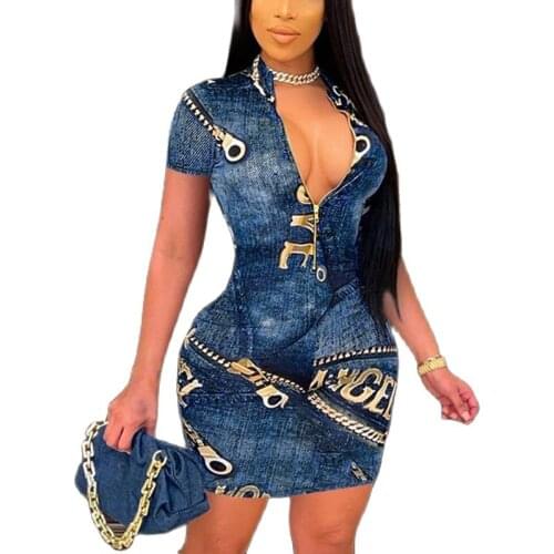 Ladies Fashion Zippers Deep V-Neck Splice Printing Short Sleeve Sexy Mini Buttocks Dresse For Summer 2021 Women New Arrival