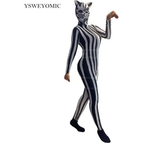 2020 Adult Black White Rhinestones Halloween Costume Spandex Performance Individuality Cat Cosplay Halloween Jumpsuit For Women