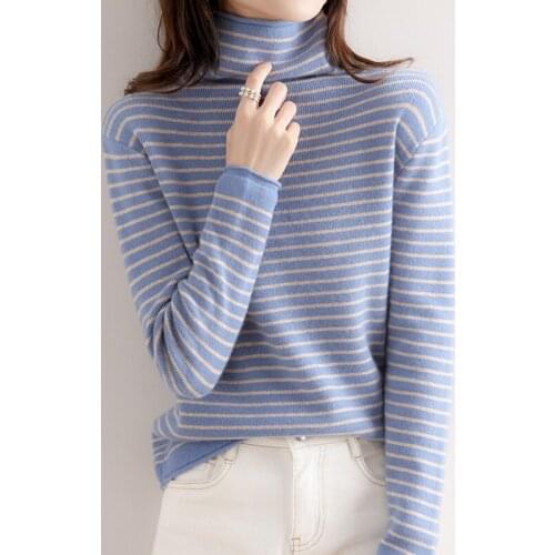 DY Women Half High Collar Striped SweaterSlim Skin-friendly Knit Pullover Warm Soft Fall Winter Bottom Jumper
