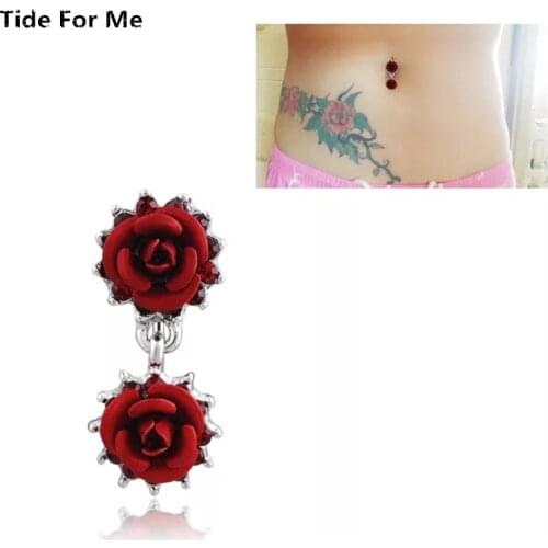 Fashion Red Rose Flower Belly Button Ring Body Jewelry Piercings Navel Rings Retro Women Girls Beach Accessories party gift