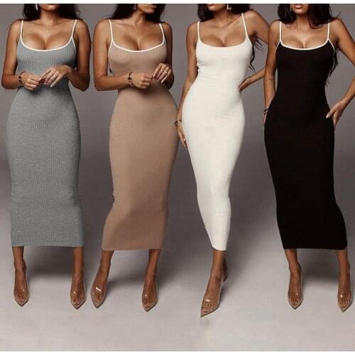 Women Dress Sexy Spaghetti Strap Contrast Color Summer Backless Sleeveless Long Skirt Elegant Party Clubwear Bodycon Dresses