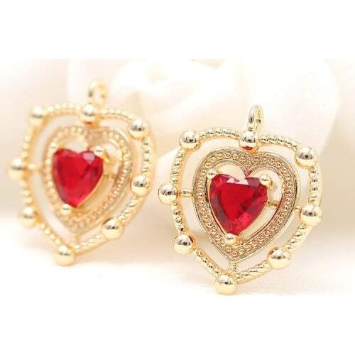 15x18MM 14K Gold Plated and Zircon Red Crystal Heart Pendants For DIY Earrings Necklaces Jewelry Making Accessories Wholesale