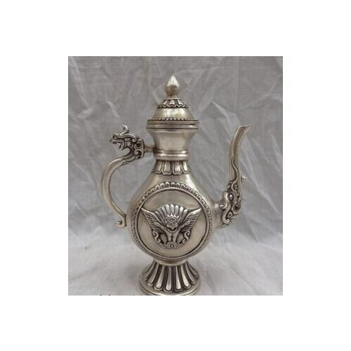 Decoration copper silver factory China White Lucky 8" Chinese Silver Dragon Unicorn Head Statue Redpoll Buddha Wine Pot Teapot