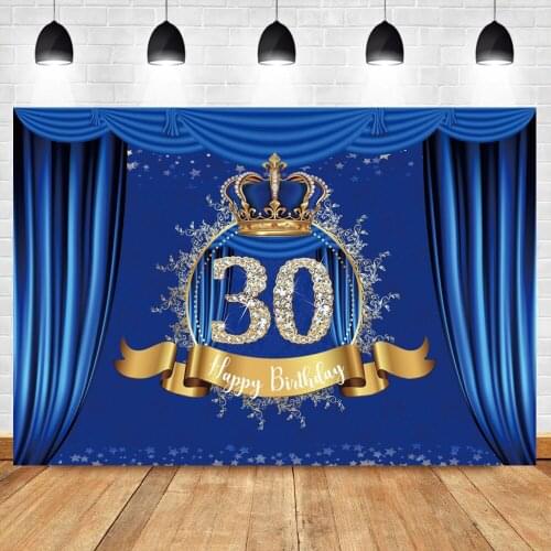 Blue Curtain Happy 30th Mens Birthday Party Crown Photozone Photocall Photographic Backdrop Photography Background Photo Studio