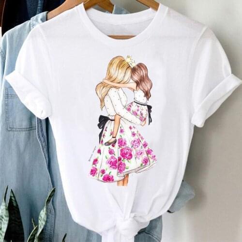 T-shirts Women Floral Watercolor Girl Daughter Cartoon Mom Mother Mama Clothes Stylish Tshirt Top Lady Print Girl Tee T-Shirt