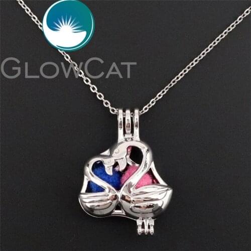 GLOWCAT K641 Metal Lover Swan Beads Cage Essential Oil Diffuser Pearl Cage Locket Necklace Valentine Gift Jewelry