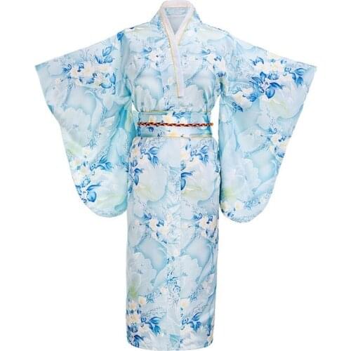 Light blue Fashion Japanese Women Tradition Yukata Silk Rayon Kimono With Obi Flower Vintage Cosplay Costume One size