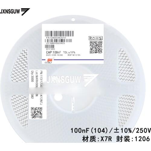 10PCS Chip capacitors 1206 10% 250V X7R 100nF 104 FH