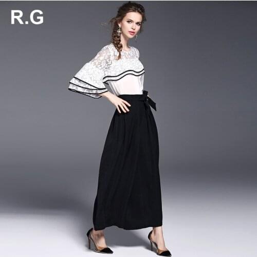 RG Elegant White Black Women Office Business Pants Suit Mandarin Flare Sleeve Lace Crop Top Wide Leg Pants Two Piece Set Suits