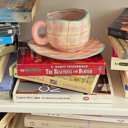 Pink Plaid Coffee Cup And Saucer Set Cute Afternoon Tea Hand Pinch Cup Set Eco Friendly Tazas Cafe Reusable Cup Wedding EB5BD