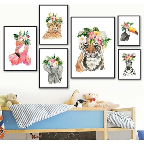 Flamingo Leopard Tiger Elephant Toucan Zebra Wall Art Canvas Painting Nordic Posters And Prints Wall Pictures Kids Room Decor