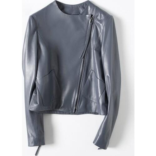 Autumn Winter Real Sheepskin Leather Coat Women Short Zipper Up pockets Motorcycle Jackets Outwear Simple High Quality Coat