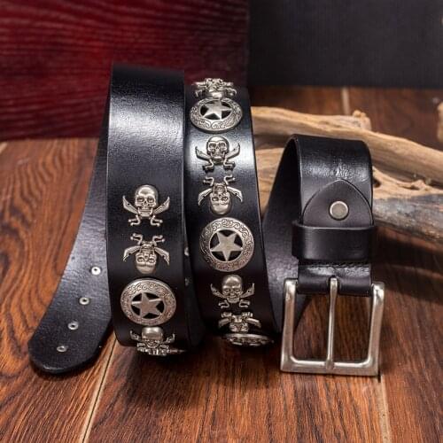 100% Genuine Leather Punk Belts Skull Rivet Studded Belts for Men for Women Jeans Belts with Pin Buckle High Quality Belts Cool