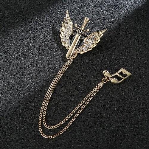 Retro Sword Angel Wings Musical Note Mens Suit Chain Brooch Mens and Womens Collar Pin Badge Accessories