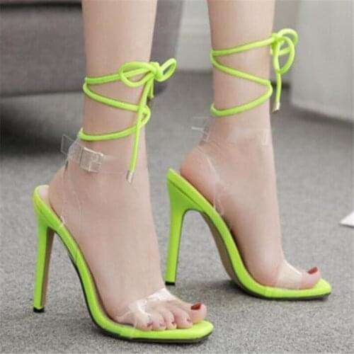 Women sandals Stretch Fabric Lace Up 12cm Thin Heels High heels Square Toe Shallow sandal women shoes size 35-42 green black