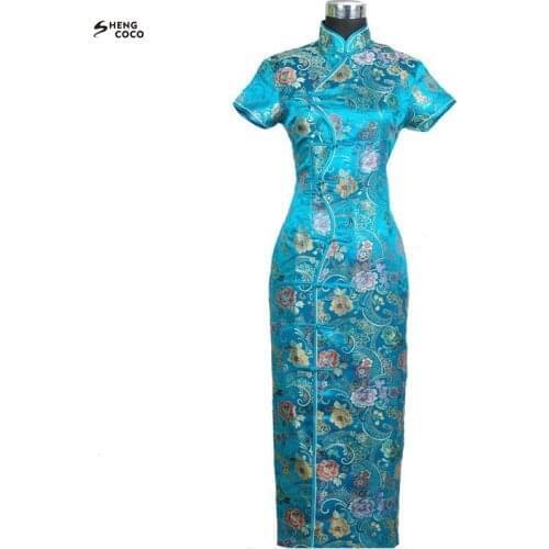 SHENG COCO Silk Satin Long Chinese Dress Cheongsam Dress Evening Tang Costume Green Robe Ten Buckle Oriental Style Qipao Female