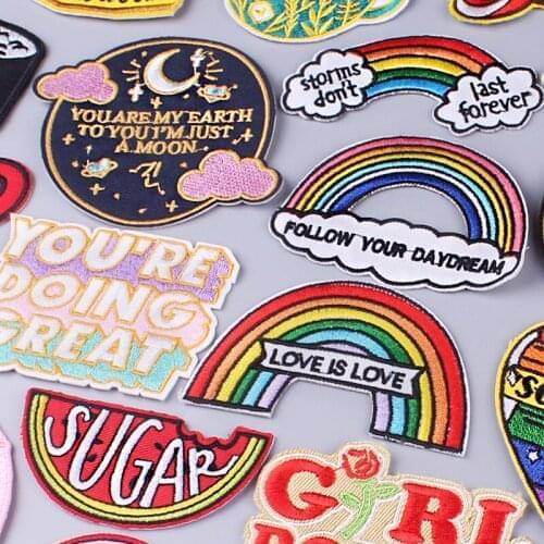 Nicediy Letter Badge Embroidered Patches For Clothing Rainbow Heart Patch Iron On Patches On Clothes Sticker Applique Patch Diy