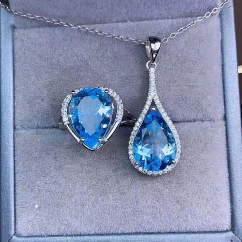 S925 Silver Natural Topaz Jewelry Sets for Women Party Necklace and Ring Fine Jewelry Real Blue gemstones Gifts Water Drop