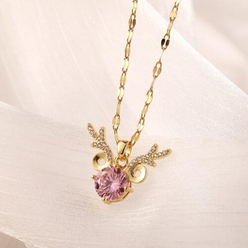 Korean Style Sweet Pink Zircon Crystal Antlers Pendant Women Necklaces Fashion Elegant No Fade Stainless Steel Female Jewelry