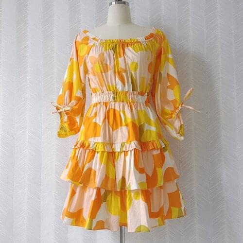 2021 Summer 100% Cotton Dress Women Square Collar Cascading Ruffle Yellow Flowers Printed Elegant Holiday Party Dresses