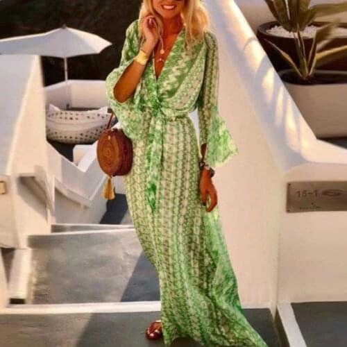 Spring Deep V Neck Printed Holiday Beach Dress 2021 Autumn Long Sleeve Robe Party Dress Women Retro Elegant Boho Maxi Dress Belt