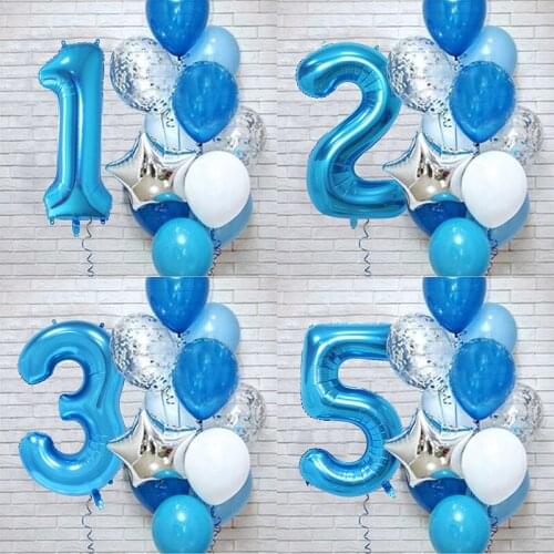 12pcs Blue 32inch Number Foil Balloons Sets Boy 1st Happy Birthday Decor Latex Confetti Balloon Kids Baby Party Supplies Globos