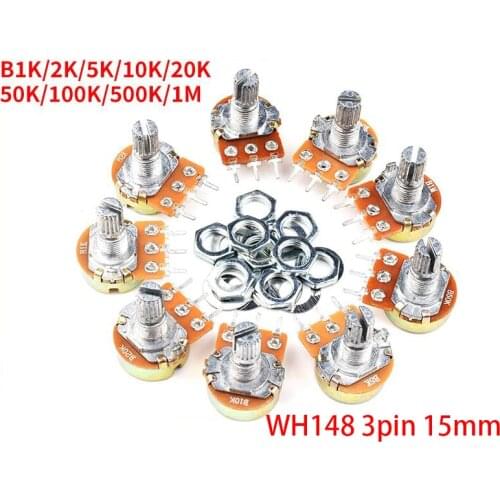 2pcs WH148 3pin 15mm B1K B2K B5K B10K B20K B50K B100K B250K B500K B1M Potentiometer 1K 2K 5K 10K 20K 50K 100K 250K 500K 1M