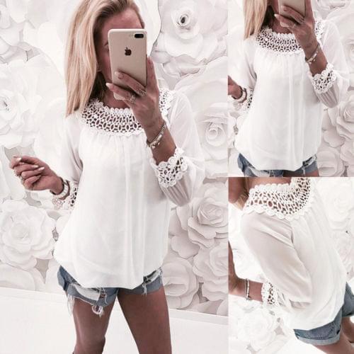 2018 Fashion Women Chiffon Tops Lace Long Sleeve Loose Casual Hole Pullover White Shirts Summer Blouse