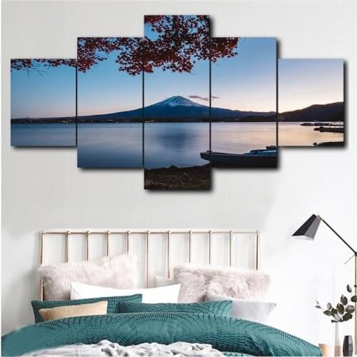 5 Panel Fuji Gable Art Canvas Autumn Landscape Pictures Print Lakeside Canvas Painting for Living Room Decoration(No Frame)