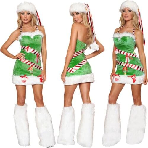 American Green Chest Wrapped Sexy Santa Claus Clothing Dress Party Santa Costume Cosplay Hairy Dress With Hat, Leg Warmers