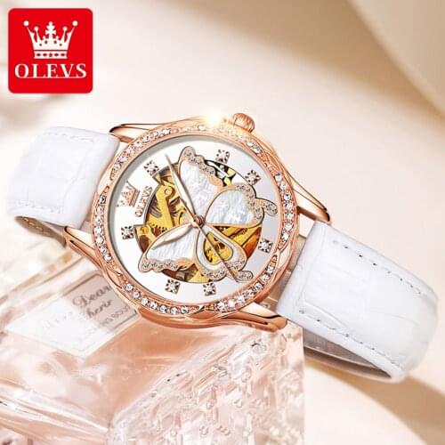 OLEVS Brand Automatic Mechanical Womens Watch Luxury Top Waterproof Leather Ceramic Womens Watch Fashion Ladies Watch 2021