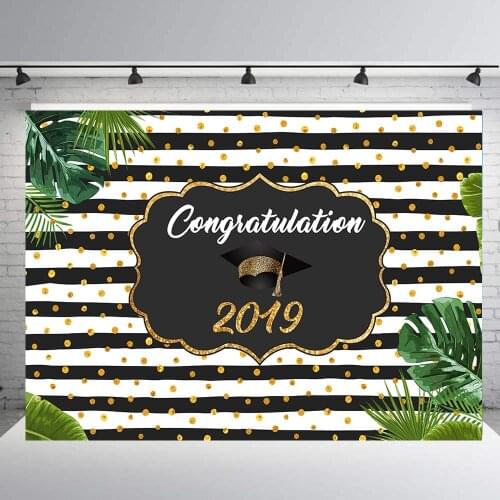 Congrats Grad Class of 2019 Graduation Party Backdrop Black stripes golden Photography Background Decors Cake Table BannerB-394