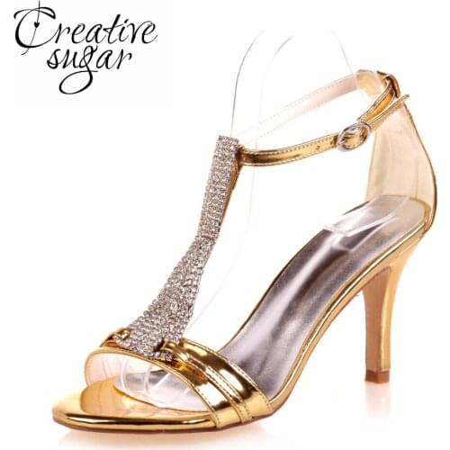 Creativsugar lady crystal T strap sandals rhinestone party cocktail dress sandals Metallic vanish PU gold silver blue shoes heel