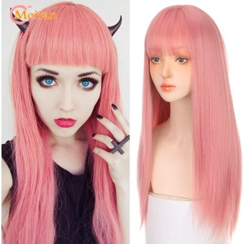 MEIFAN Long Straight Synthetic Lolita Two Color Pink Black Cosplay Wigs with Bangs for White/black Women Cute Daily Wigs