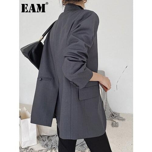 [EAM] Women Gray Back Vent Big Size Blazer New Lapel Long Sleeve Loose Fit Jacket Fashion Tide Spring Autumn 2021 1DB320