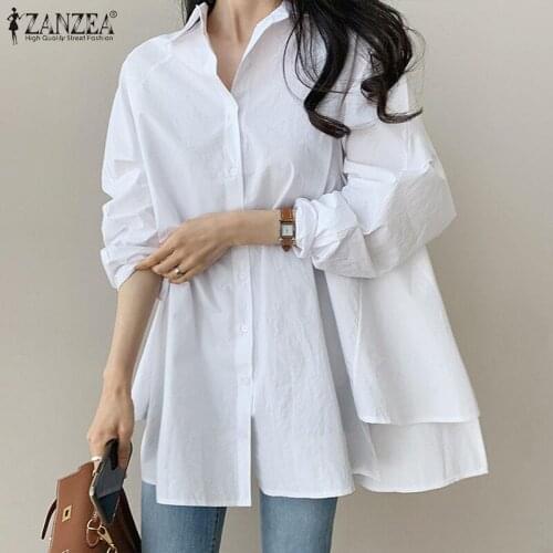 Elegant Asymmetrical Shirts Womens Spring Blouse ZANZEA 2021 Casual Long Sleeve Blusas Female Button Down Tunic Plus Size Tops