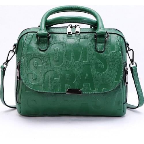 INS All Match New Style Embossed Letter Women Boston Bag Genuine Cow Leather Female Handbag Elegant Crossbody Shoulder Bag