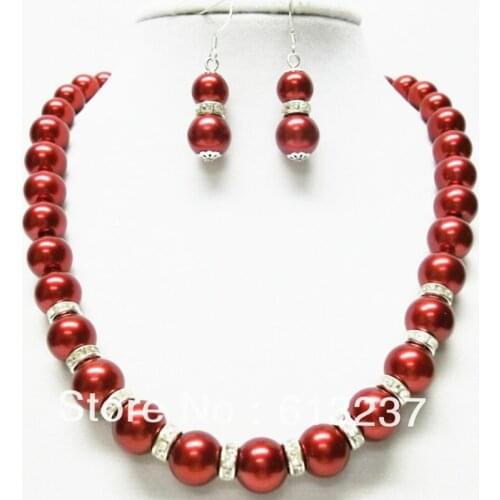 Simulated Pearl Beads Jewelry Set For Women 10mm Red Necklace Earring Shell Round Necklaces Earrings Jewelry Sets 18inch MY2006