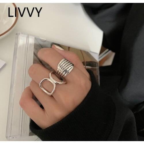 LIVVY Silver Color Round Hollow Ring Multilayer Smooth Wide Fashion Index Finger Jewelry Accessories Gift